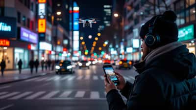 Journaliste professionnel équipé d'un smartphone et d'un micro compact en reportage urbain en 2026