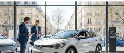 Eigenaar van elektrische Volkswagen overlegt met monteur bij dealer over terugroepactie batterijprobleem