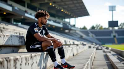 Futebolista profissional sentado sozinho no estádio, a reflectir sobre pressão e saúde mental