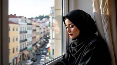 Mulher de hijab sentada junto à janela em Lisboa, com expressão contemplativa e preocupada, após promulgação da lei das burcas em Portugal 2026