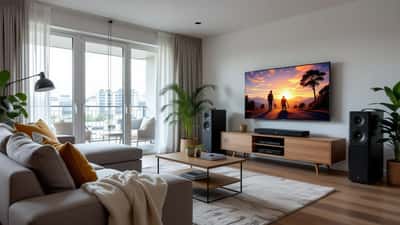Modernes Wohnzimmer mit OLED-Fernseher und Heimkino-Setup für Blockbuster-Abend