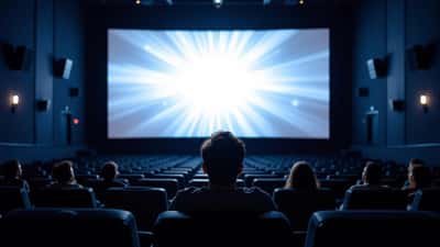 Viewer seated alone in a vast cinema auditorium looking up at an enormous bright IMAX-style screen