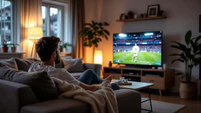 Homme regardant un match de football à la télévision alors que l'écran affiche un cercle de chargement dans un salon suisse
