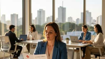 Mulher brasileira em escritório revisando documento de exame médico preventivo