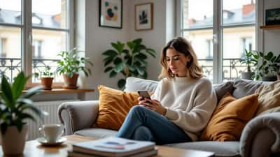 Femme consultant son smartphone avec du contenu TikTok sur le TDAH dans un appartement parisien