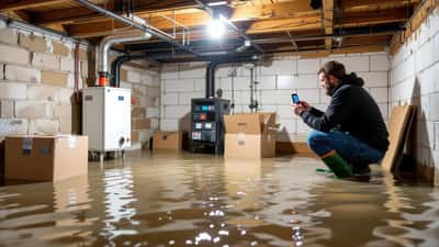Überfluteter Keller eines Wohnhauses in Österreich nach Starkregen, Hausbesitzer dokumentiert den Wasserschaden