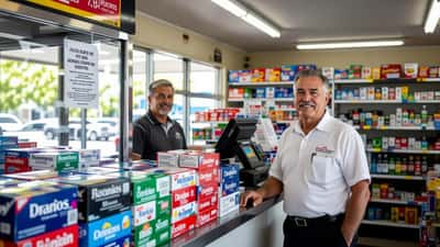 Cigarette packets behind an Australian convenience store counter with a government closure-order notice taped to the display cabinet