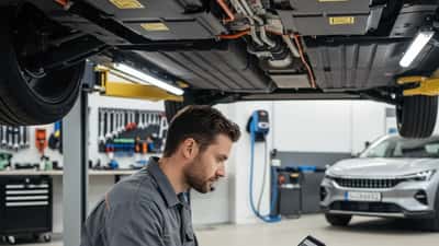 Bilmekaniker inspekterar undersidan av en elbil på en lyftbänk i ett modernt verkstadsgarage