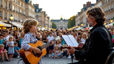 Enfant captivé par un musicien de rue pendant la Fête de la Musique à Orléans
