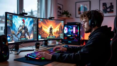 Gamer in dunklem Apartment-Gaming-Setup mit Dual-Monitor-Anzeige von League of Legends und Twitch-Stream-Sniper-Warnung