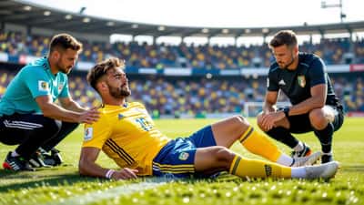 Calciatore infortunato al ginocchio su campo da calcio con staff medico che interviene