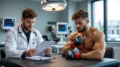 Exhausted MMA fighter being assessed by sports medicine physician in a clinical sports medicine room