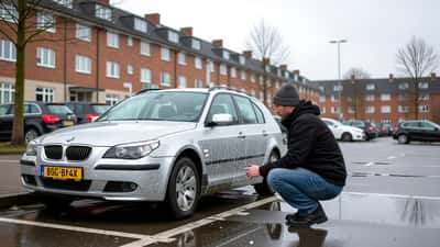 Mand inspicerer haglskader på motorhjelmen af en sølvfarvet bil efter storm i en dansk forstadsparkeringsplads