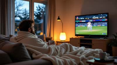 Australian cricket fan watching a late-night match on a large TV with a portable heater in a winter living room