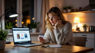 Kvinna med kreditkort tittar oroligt på en misstänkt falsk H&M-liknande webbutik på sin laptop