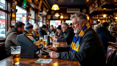 Dansk Brøndby-fan betaler med kontaktløst kort på en betalingsterminal i en pub i Edinburgh