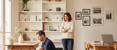 Informaticien à domicile intervenant dans un salon français, branchant des câbles réseau près d'un bureau en bois