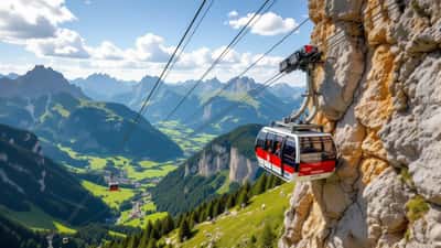 Rax-Seilbahn Gondel fährt an einer steilen Felswand in den Rax-Bergen empor
