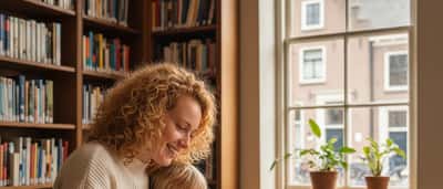 Nederlandse vrouw met krullend haar leest een kleurrijk kinderboek voor aan een jong kind aan een bibliotheektafel