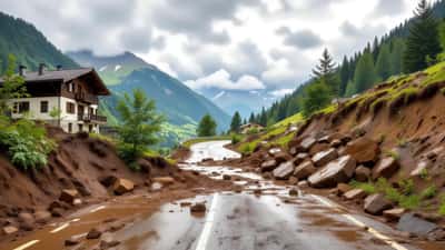 Coulée de boue et débris d'un glissement de terrain recouvrant une route de montagne en Valais après un orage