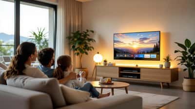 Família numa sala moderna a ver a LiveMode TV numa smart TV em 2026
