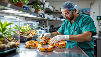 Veterinária examinando cobra corn snake em clínica de animais exóticos em São Paulo, Brasil 2026