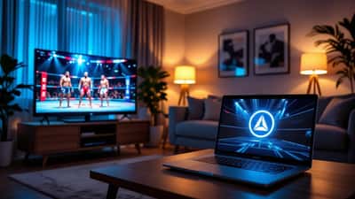 UK living room television showing a UFC octagon with laptop streaming warning