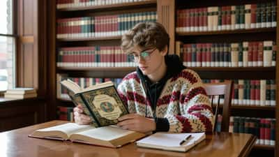 Adolescent québécois lisant un roman fantasy dans une bibliothèque de Montréal, cahier de notes scolaires ouvert à côté