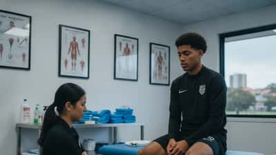 Soccer player receiving physiotherapy assessment in a sports medicine clinic