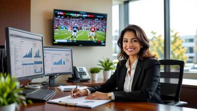 Financial advisor reviewing RRSP contribution forms and investment charts in a Mississauga office with NFL game on background screen