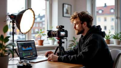 Suomalainen sisällöntuottaja kuvaa YouTube-videota kotistudiossa Helsingissä 2026