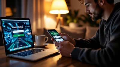 Uomo di notte con smartphone che mostra una pagina di scommesse sospetta accanto a una carta di credito e un laptop