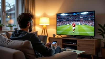 Man checking his smart TV and streaming stick settings in a living room with a paused football match on screen