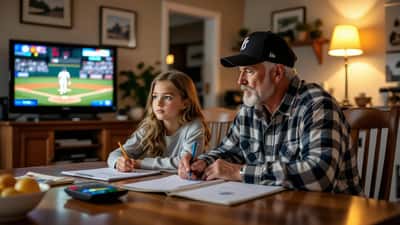 Father and daughter working through baseball batting-average math at a kitchen table while a game plays on TV