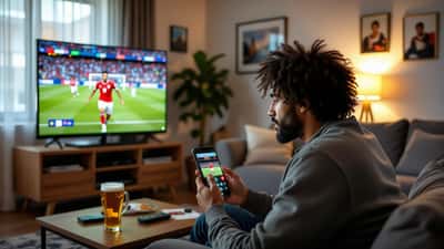Homem preocupado olhando para celular com alerta de segurança enquanto assiste jogo ao vivo na TV