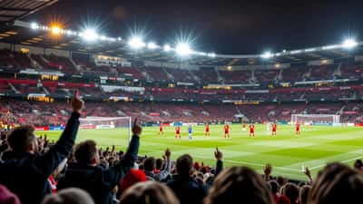 Ajax fans juichen tijdens een Europees avondwedstrijd in een verlicht stadion