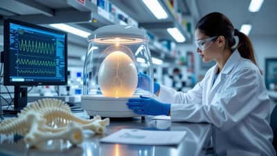 Veterinary geneticist examining a giant egg in an artificial incubator beside moa bones and DNA data in a laboratory