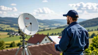 IT-Techniker prüft Starlink-Satellitenschüssel auf deutschem Bauernhof