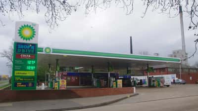 BP petrol station in Harlow, Essex, showing green BP canopy and forecourt