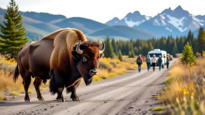 Large bull bison standing near a national park roadside as tourists keep their distance