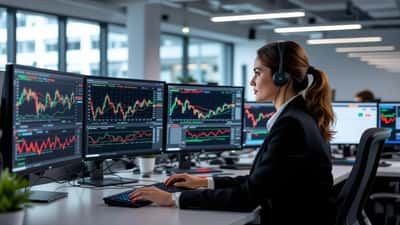 Analista financiera revisando gráficos de acciones NVIDIA en pantallas de trading en Wall Street