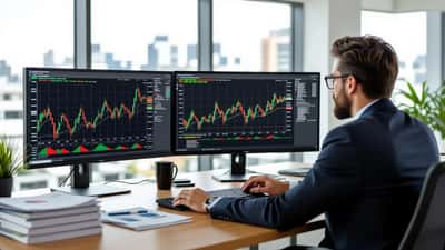 Analista financeiro revisando dados de pesquisa eleitoral do Senado de São Paulo e gráficos do IBOVESPA em escritório corporativo