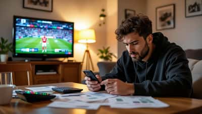 Aficionado hispano preocupado revisando apuestas deportivas en el móvil mientras un partido de LaLiga aparece en la televisión de fondo