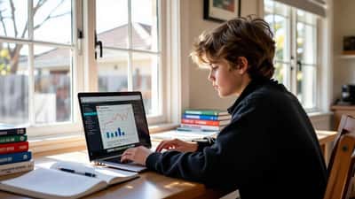 Year 7 student doing maths homework using AFL match statistics on laptop, Adelaide Crows vs Essendon Bombers Round 21 scoreboard data visible