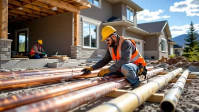 Contractor examining copper pipes and building materials at a Canadian home renovation site