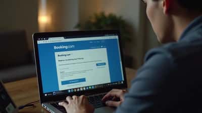 Pessoa em Lisboa a ver email de phishing suspeito da Booking.com no computador portátil