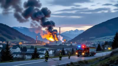 Épais panache de fumée noire s'élevant au-dessus de l'usine d'incinération des déchets KEZO à Hinwil