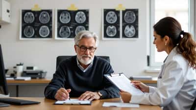 Homem idoso em consulta de neurologia em Lisboa com mão a tremer sobre a mesa, médico com resultados de exames