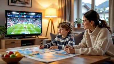 Un parent montre un atlas ouvert sur l'Amérique du Sud à son enfant devant un match de football à la télévision