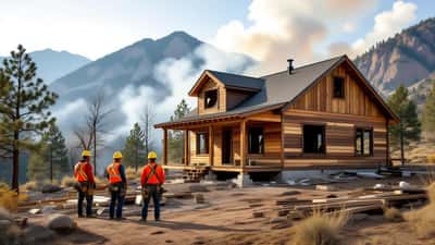 Trabajadores evaluando una casa dañada por incendios forestales en Utah durante 2026